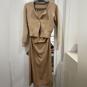 Elegant Camel Tan Dress + elegant Cropped Cardigan Set